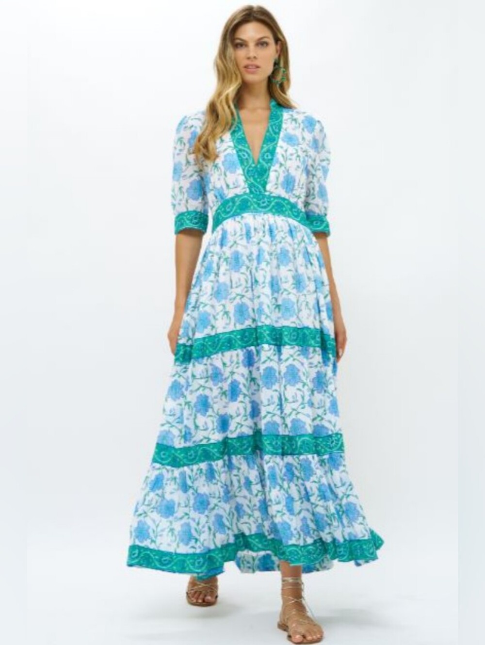 OLIPHANT V-Neck Cuffed Maxi Dress In Poppy Blue M.